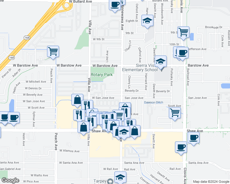 map of restaurants, bars, coffee shops, grocery stores, and more near 60 West Beverly Avenue in Clovis