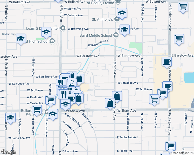 map of restaurants, bars, coffee shops, grocery stores, and more near 512 West San Jose Avenue in Fresno