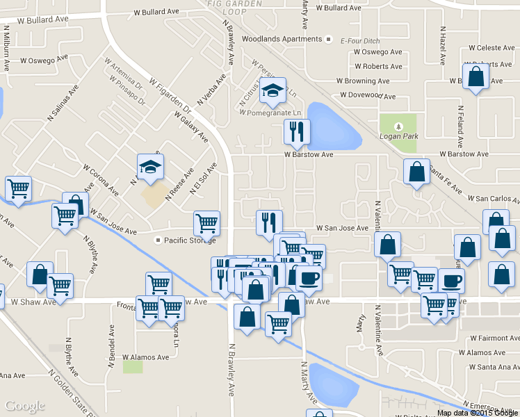 map of restaurants, bars, coffee shops, grocery stores, and more near 5220 North Brawley Avenue in Fresno