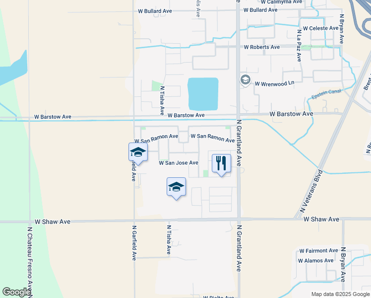 map of restaurants, bars, coffee shops, grocery stores, and more near 5366 North San Clemente Avenue in Fresno