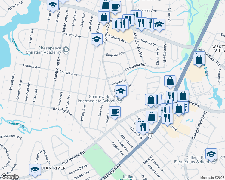 map of restaurants, bars, coffee shops, grocery stores, and more near 4303 Fontana Avenue in Chesapeake