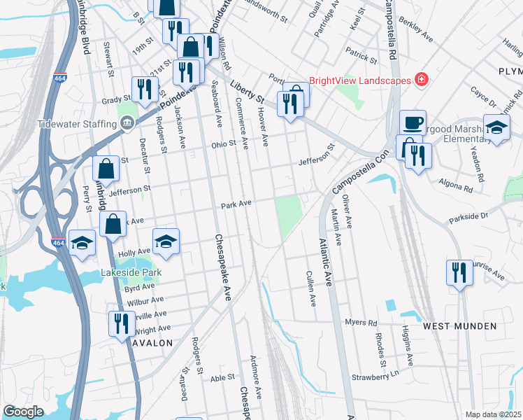 map of restaurants, bars, coffee shops, grocery stores, and more near 1402 Commerce Avenue in Chesapeake