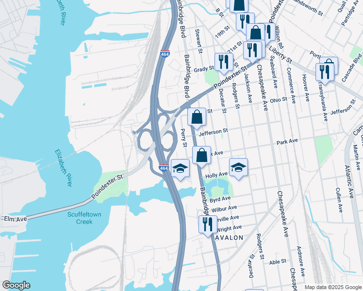 map of restaurants, bars, coffee shops, grocery stores, and more near 1304 Perry Street in Chesapeake