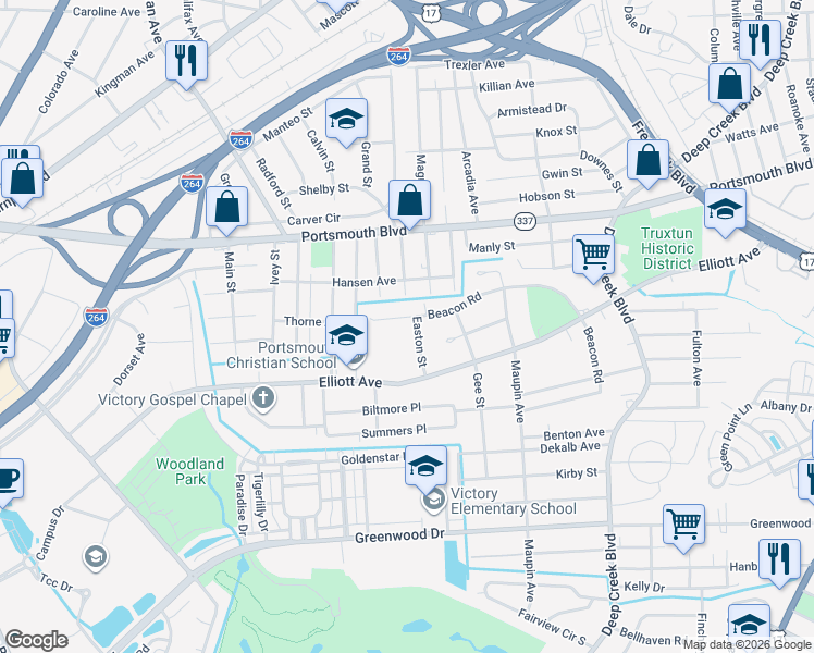 map of restaurants, bars, coffee shops, grocery stores, and more near 1 Easton Street in Portsmouth