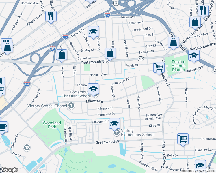 map of restaurants, bars, coffee shops, grocery stores, and more near 513 Beacon Road in Portsmouth