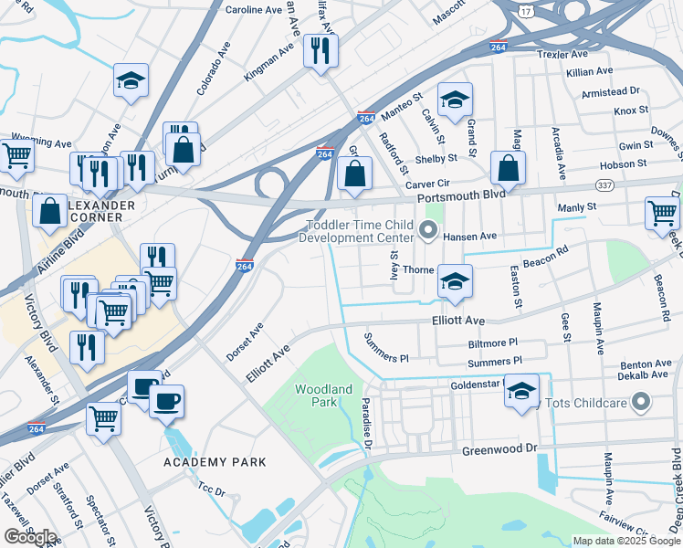 map of restaurants, bars, coffee shops, grocery stores, and more near 3612 Braxton Avenue in Portsmouth