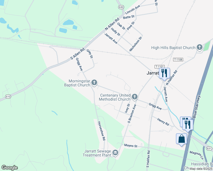 map of restaurants, bars, coffee shops, grocery stores, and more near 222 Grigg Avenue in Jarratt