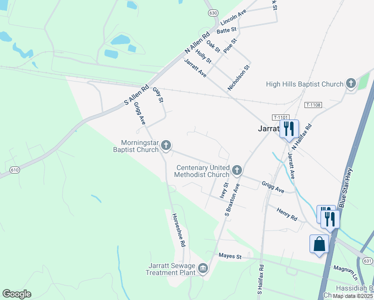 map of restaurants, bars, coffee shops, grocery stores, and more near 222 Grigg Avenue in Jarratt