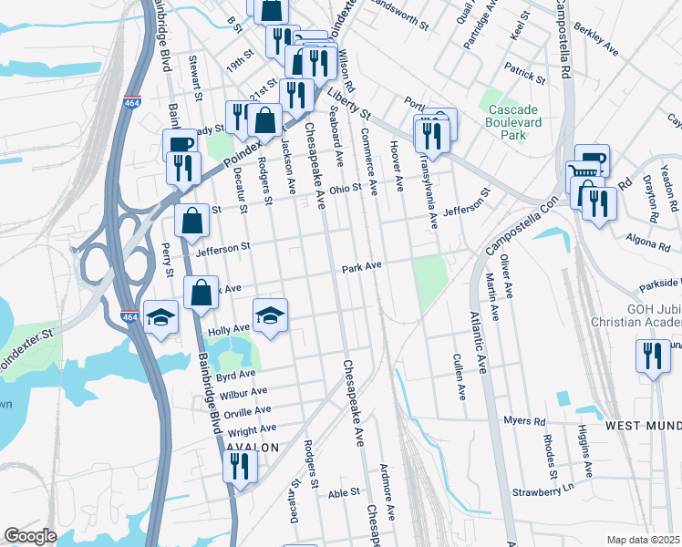 map of restaurants, bars, coffee shops, grocery stores, and more near 1401 Chesapeake Avenue in Chesapeake