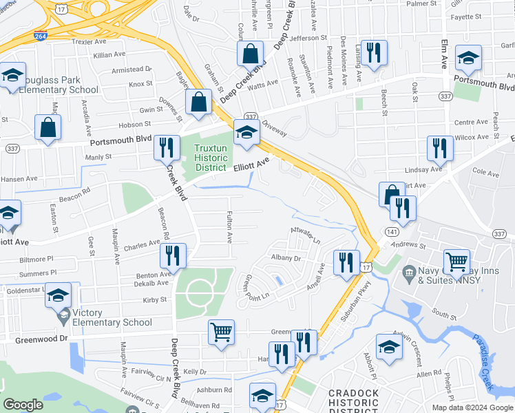 map of restaurants, bars, coffee shops, grocery stores, and more near 237 Edison Avenue in Portsmouth