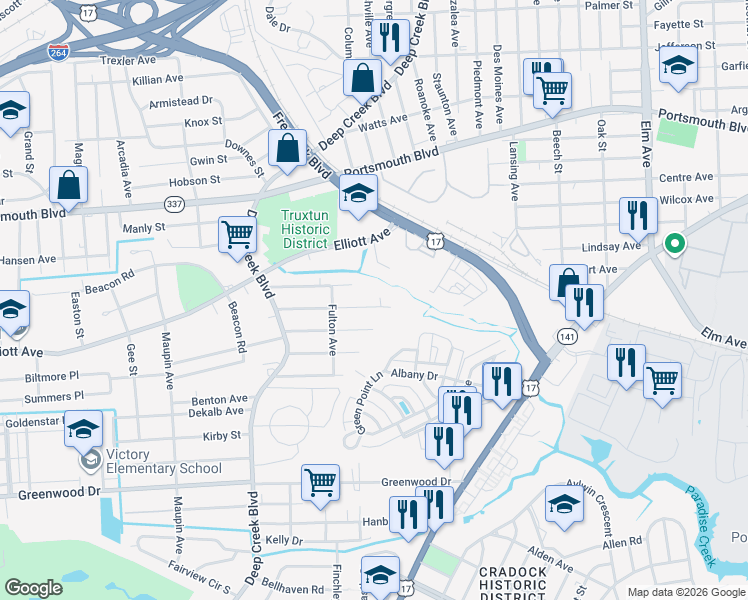 map of restaurants, bars, coffee shops, grocery stores, and more near 245 Edison Avenue in Portsmouth