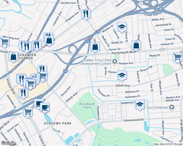 map of restaurants, bars, coffee shops, grocery stores, and more near 3612 Braxton Avenue in Portsmouth