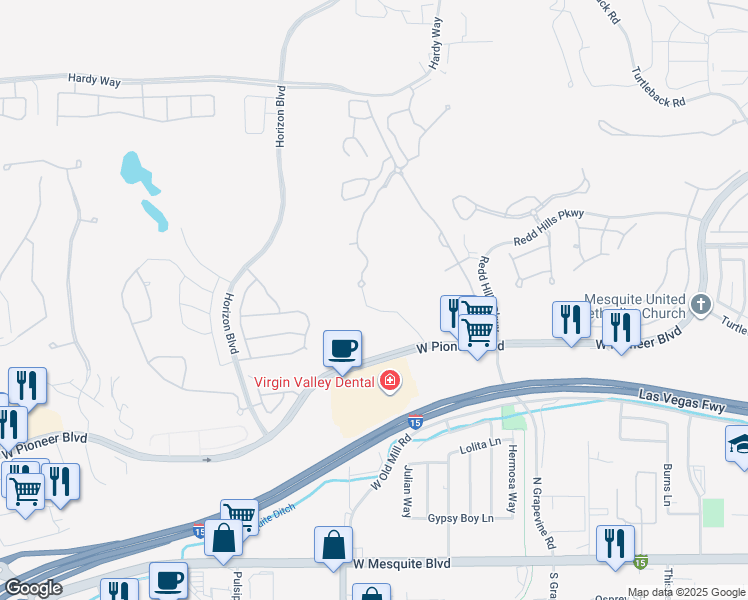 map of restaurants, bars, coffee shops, grocery stores, and more near 457 Rolling Hills Drive in Mesquite