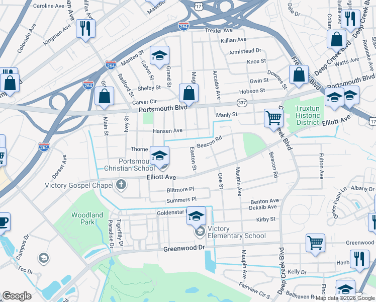 map of restaurants, bars, coffee shops, grocery stores, and more near 1 Easton Street in Portsmouth