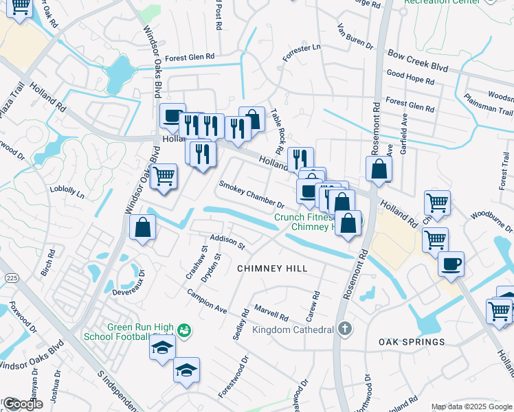 map of restaurants, bars, coffee shops, grocery stores, and more near 3851 Chimney Creek Drive in Virginia Beach