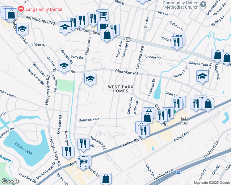 map of restaurants, bars, coffee shops, grocery stores, and more near 1201 Jewell Avenue in Portsmouth