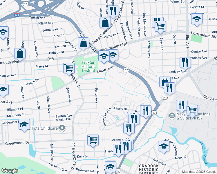 map of restaurants, bars, coffee shops, grocery stores, and more near 249 Edison Avenue in Portsmouth