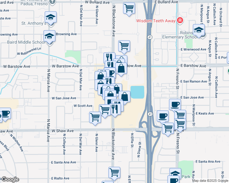 map of restaurants, bars, coffee shops, grocery stores, and more near 5212 North Blackstone Avenue in Fresno