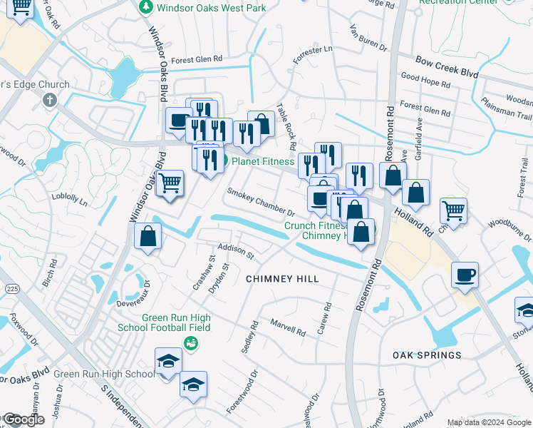 map of restaurants, bars, coffee shops, grocery stores, and more near 3851 Chimney Creek Drive in Virginia Beach