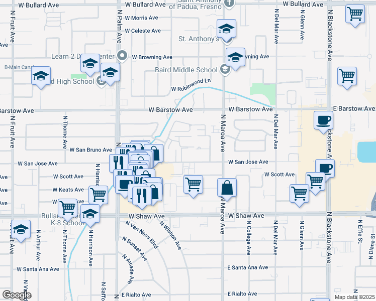 map of restaurants, bars, coffee shops, grocery stores, and more near 512 West San Jose Avenue in Fresno
