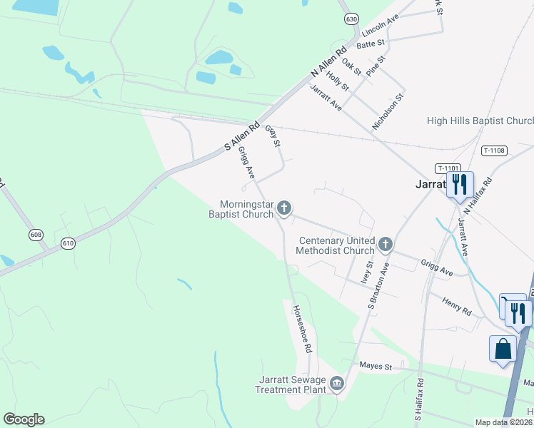 map of restaurants, bars, coffee shops, grocery stores, and more near 31 Horseshoe Road in Jarratt