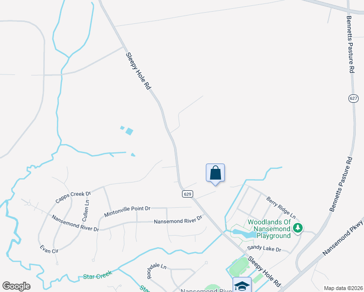 map of restaurants, bars, coffee shops, grocery stores, and more near 3532 Sleepy Hole Road in Suffolk
