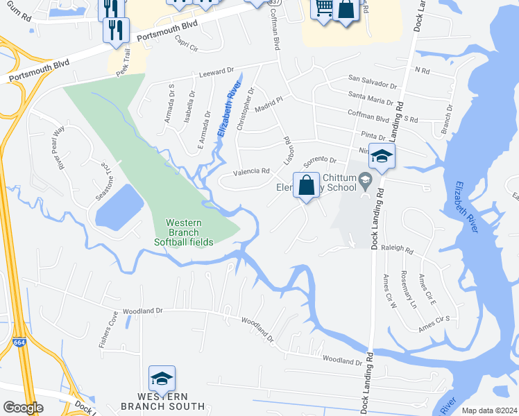 map of restaurants, bars, coffee shops, grocery stores, and more near 4220 Sorrento Drive in Chesapeake