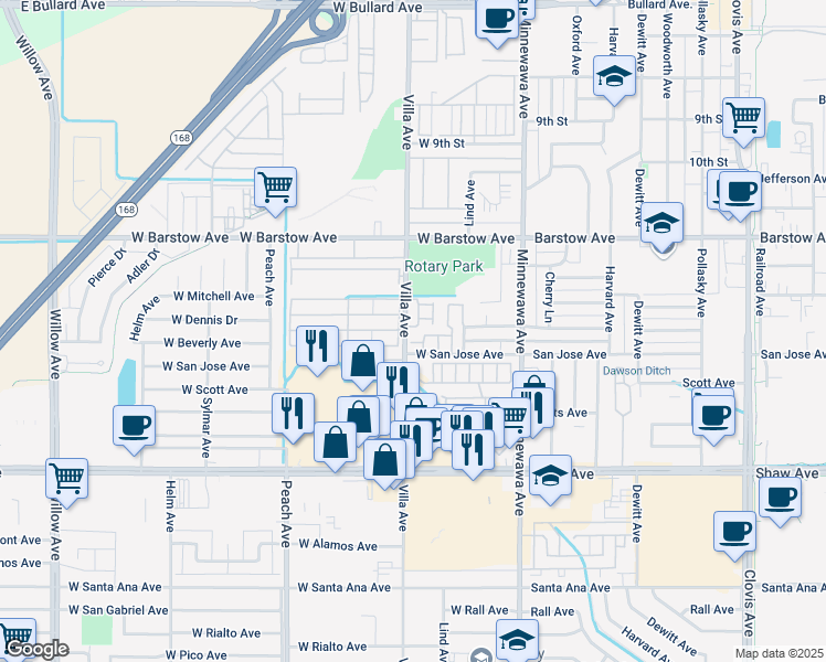 map of restaurants, bars, coffee shops, grocery stores, and more near 1462 Plymouth Rock Way in Clovis
