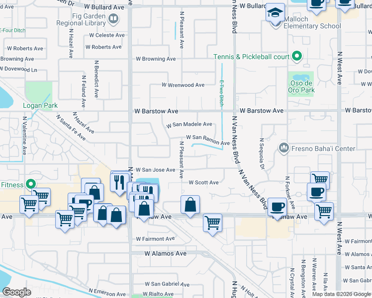 map of restaurants, bars, coffee shops, grocery stores, and more near 5250 North Pleasant Avenue in Fresno