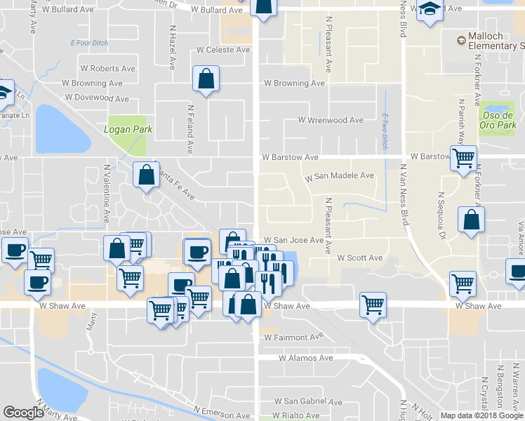 map of restaurants, bars, coffee shops, grocery stores, and more near 5255 North Cheryl Avenue in Fresno