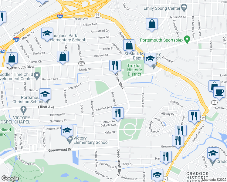 map of restaurants, bars, coffee shops, grocery stores, and more near 2641 Elliott Avenue in Portsmouth