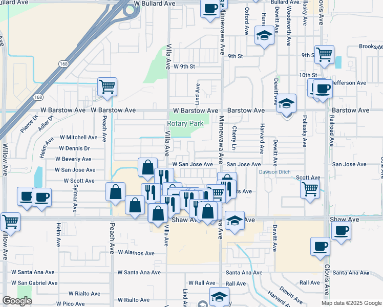 map of restaurants, bars, coffee shops, grocery stores, and more near 1525 Mayflower Way in Clovis