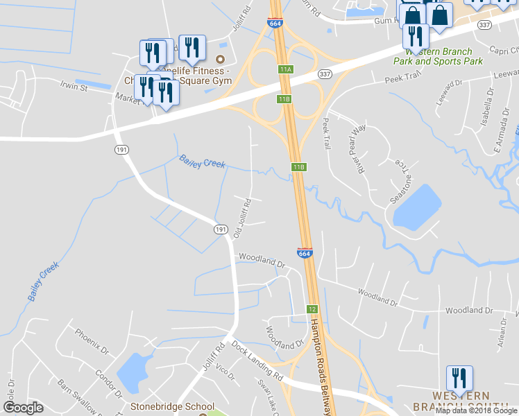 map of restaurants, bars, coffee shops, grocery stores, and more near 4605 Moore Circle in Chesapeake