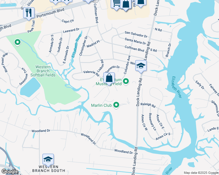 map of restaurants, bars, coffee shops, grocery stores, and more near 4140 Valencia Road in Chesapeake