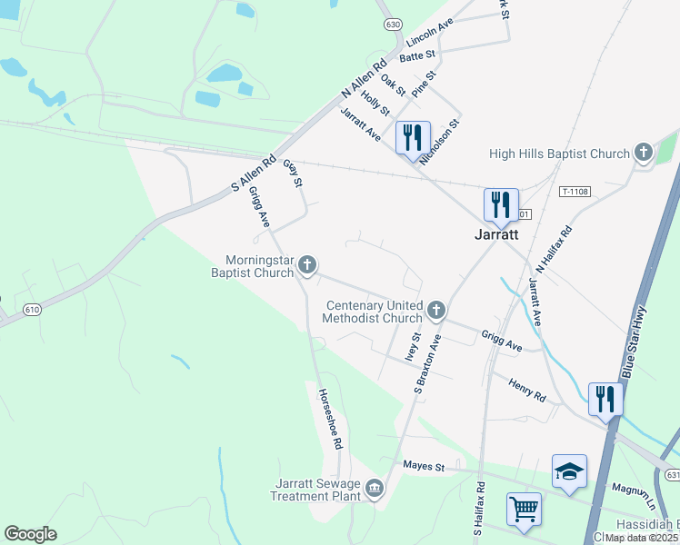 map of restaurants, bars, coffee shops, grocery stores, and more near 224 Grigg Avenue in Jarratt
