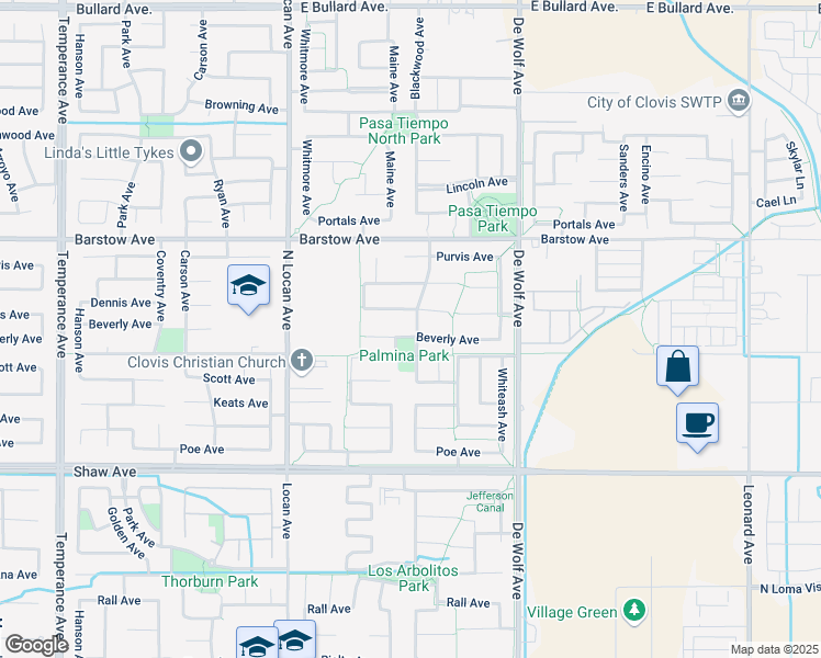 map of restaurants, bars, coffee shops, grocery stores, and more near 3189 Beverly Avenue in Clovis