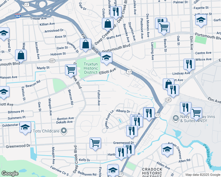 map of restaurants, bars, coffee shops, grocery stores, and more near 233 Edison Avenue in Portsmouth