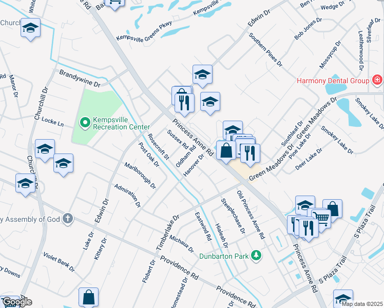 map of restaurants, bars, coffee shops, grocery stores, and more near 812 Oldham Road in Virginia Beach