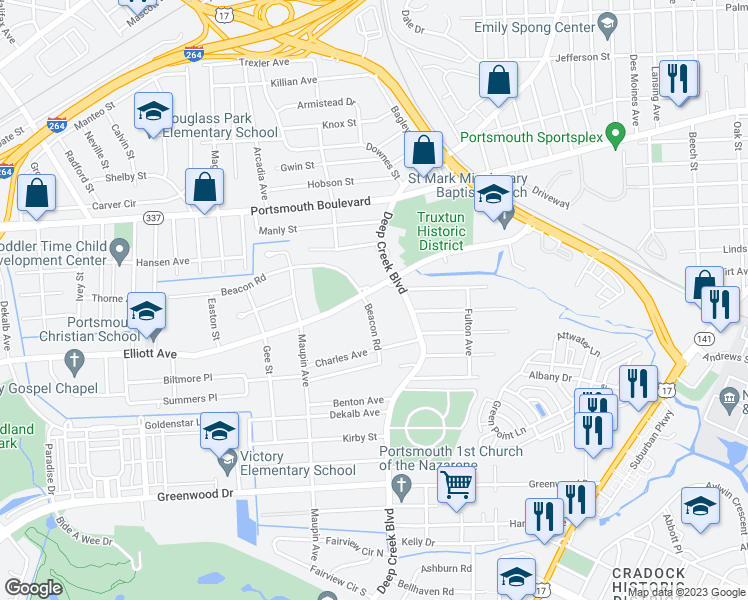 map of restaurants, bars, coffee shops, grocery stores, and more near 2623 Elliott Avenue in Portsmouth