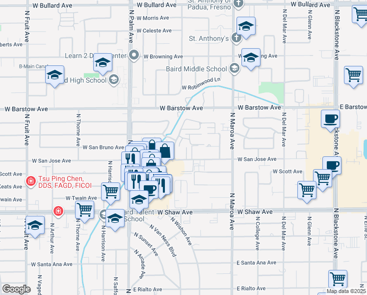 map of restaurants, bars, coffee shops, grocery stores, and more near 580 West San Jose Avenue in Fresno