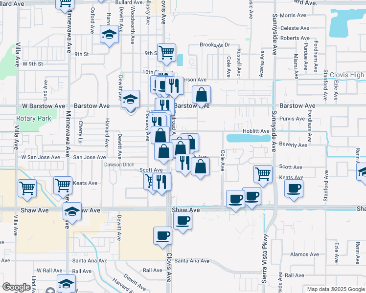 map of restaurants, bars, coffee shops, grocery stores, and more near 825 San Jose Avenue in Clovis