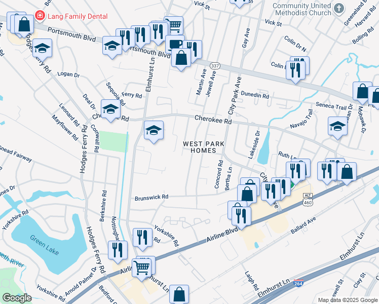 map of restaurants, bars, coffee shops, grocery stores, and more near 1200 Jewell Avenue in Portsmouth