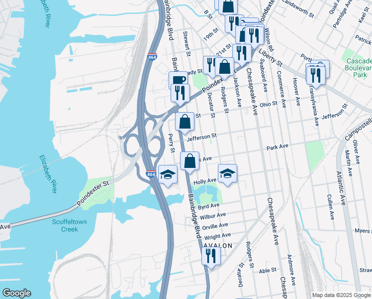 map of restaurants, bars, coffee shops, grocery stores, and more near 1317 Bainbridge Boulevard in Chesapeake