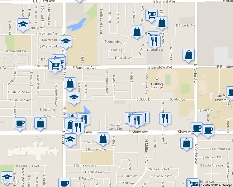 map of restaurants, bars, coffee shops, grocery stores, and more near 1341 East San Bruno Avenue in Fresno