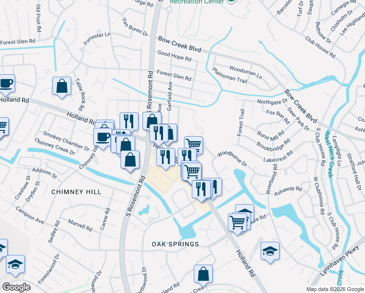 map of restaurants, bars, coffee shops, grocery stores, and more near 3450 Waltham Circle in Virginia Beach