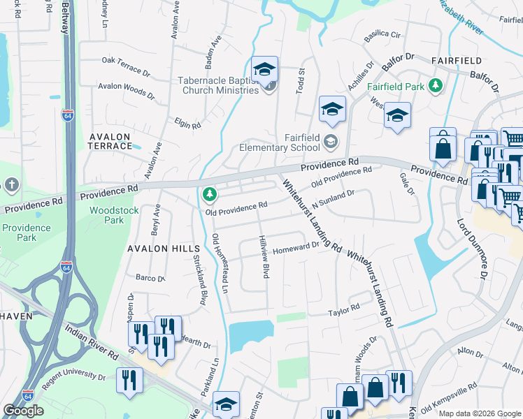 map of restaurants, bars, coffee shops, grocery stores, and more near 901 Hillview Boulevard in Virginia Beach