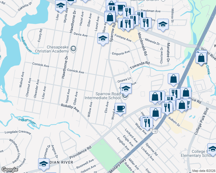 map of restaurants, bars, coffee shops, grocery stores, and more near 1408 Elm Avenue in Chesapeake