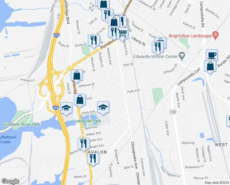 map of restaurants, bars, coffee shops, grocery stores, and more near 1313 Park Avenue in Chesapeake