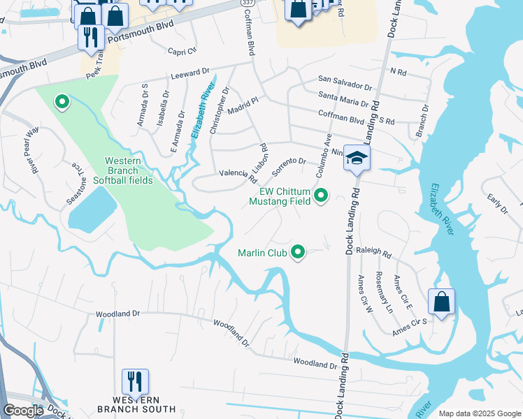map of restaurants, bars, coffee shops, grocery stores, and more near 4213 Sorrento Drive in Chesapeake