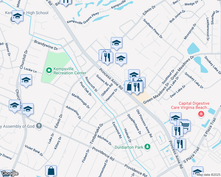 map of restaurants, bars, coffee shops, grocery stores, and more near 812 Oldham Road in Virginia Beach